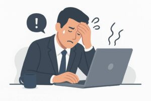 Ilustrasi pebisnis menghadapi laptop lambat. TioRepair.com siap bantu percepat performa laptop Anda secara remote cepat, aman, dan profesional.