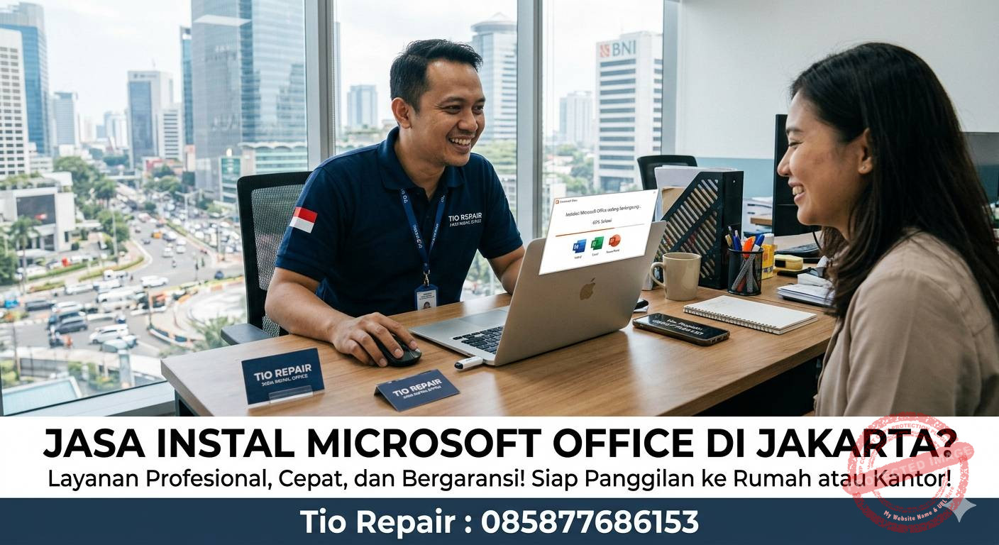 Ilustrasi jasa instal Microsoft Office profesional di Jakarta dengan teknisi laptop dan layanan panggilan cepat bergaransi