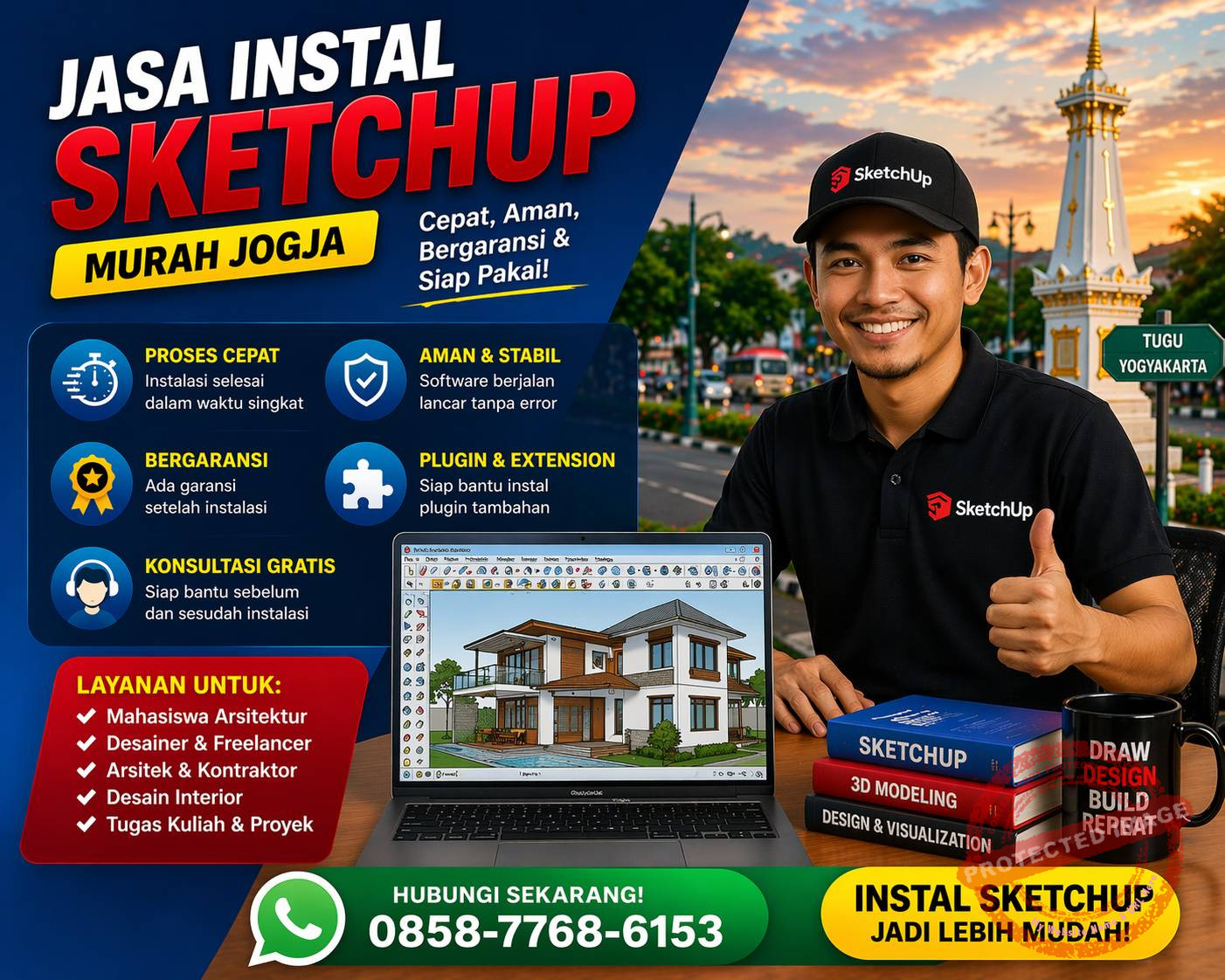 jasa instal SketchUp murah Jogja teknisi instal software desain 3D laptop Yogyakarta