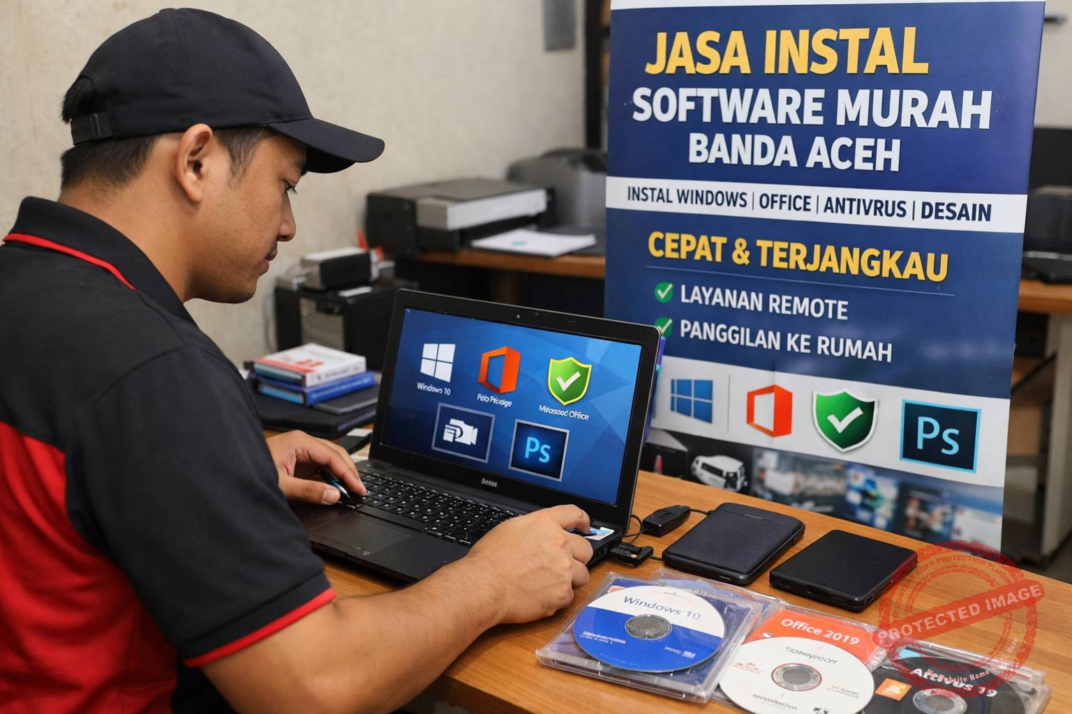 teknisi jasa instal software murah Banda Aceh sedang instal Windows Office dan antivirus laptop