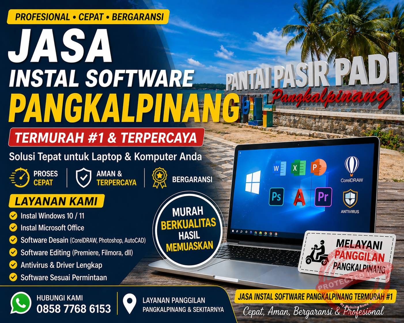 jasa instal software Pangkalpinang termurah #1 dengan latar belakang Pantai Pasir Padi Pangkalpinang.