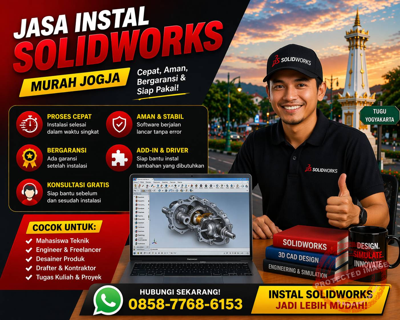 jasa instal SolidWorks murah Jogja teknisi instal software CAD engineering laptop Yogyakarta