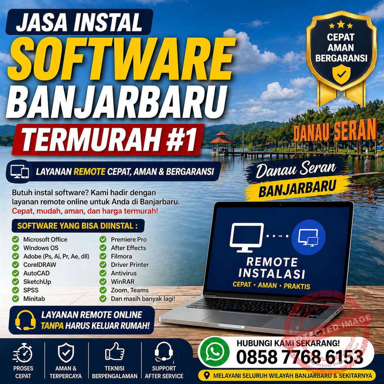 Jasa Instal Software Banjarbaru Termurah #1 dengan layanan remote online berlatar belakang Danau Seran Banjarbaru, cepat, aman, dan bergaransi.