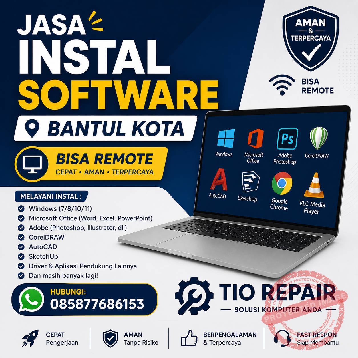 jasa instal software Bantul Kota oleh Tio Repair, melayani instal Windows, Office, Adobe, dan aplikasi lainnya, bisa remote, cepat dan terpercaya, kontak 085877686153.