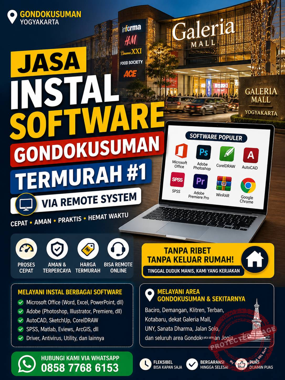 Jasa Instal Software Gondokusuman Termurah #1 via remote system dengan latar belakang Galeria Mall Yogyakarta.