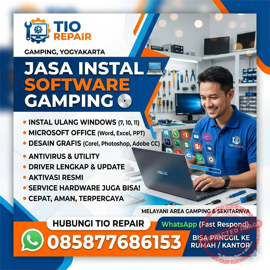 layanan jasa instal software Gamping, Yogyakarta oleh Tio Repair yang menampilkan teknisi sedang mengerjakan laptop, daftar layanan instal ulang Windows, Office, dan desain grafis, serta nomor WhatsApp 085877686153."