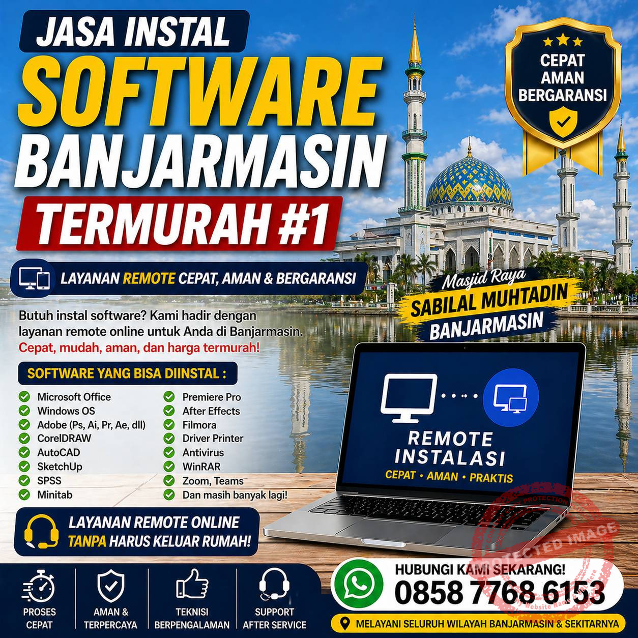Jasa Instal Software Banjarmasin Termurah #1 dengan layanan remote online berlatar belakang Masjid Raya Sabilal Muhtadin Banjarmasin, cepat, aman, dan bergaransi.